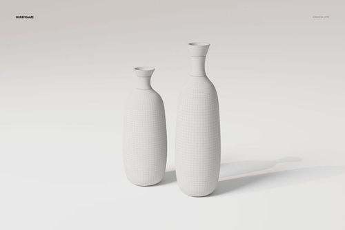 Front view of two clear glass vases with a wireframe texture, standing side by side on a plain white surface.