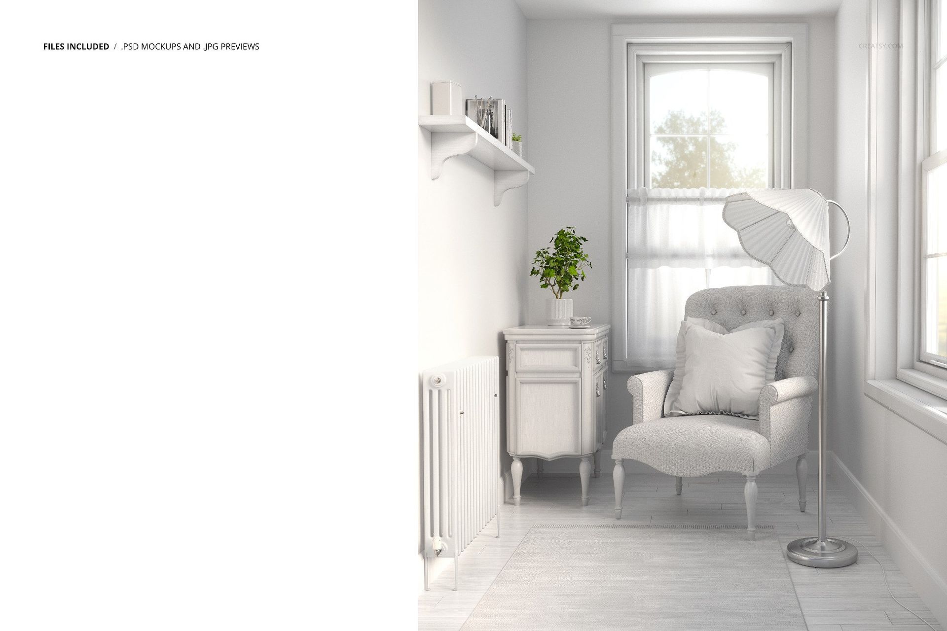 Elegant reading nook mockup featuring a classic armchair, brass lamp, and window with soft daylight, PSD format.