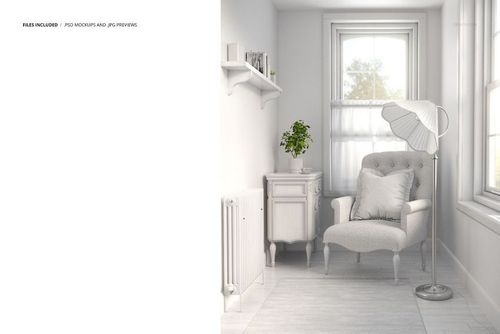 Elegant reading nook mockup featuring a classic armchair, brass lamp, and window with soft daylight, PSD format.