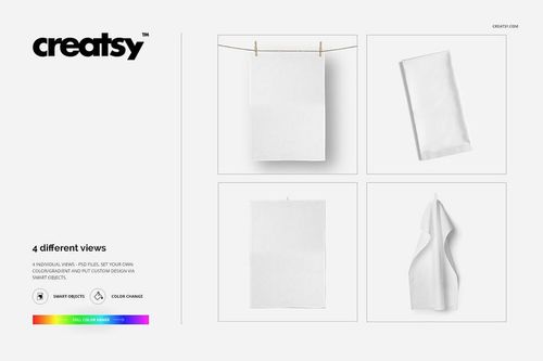 Set of four kitchen towels mockup in different views, including hanging, folded, flat, and draped, on a white background.
