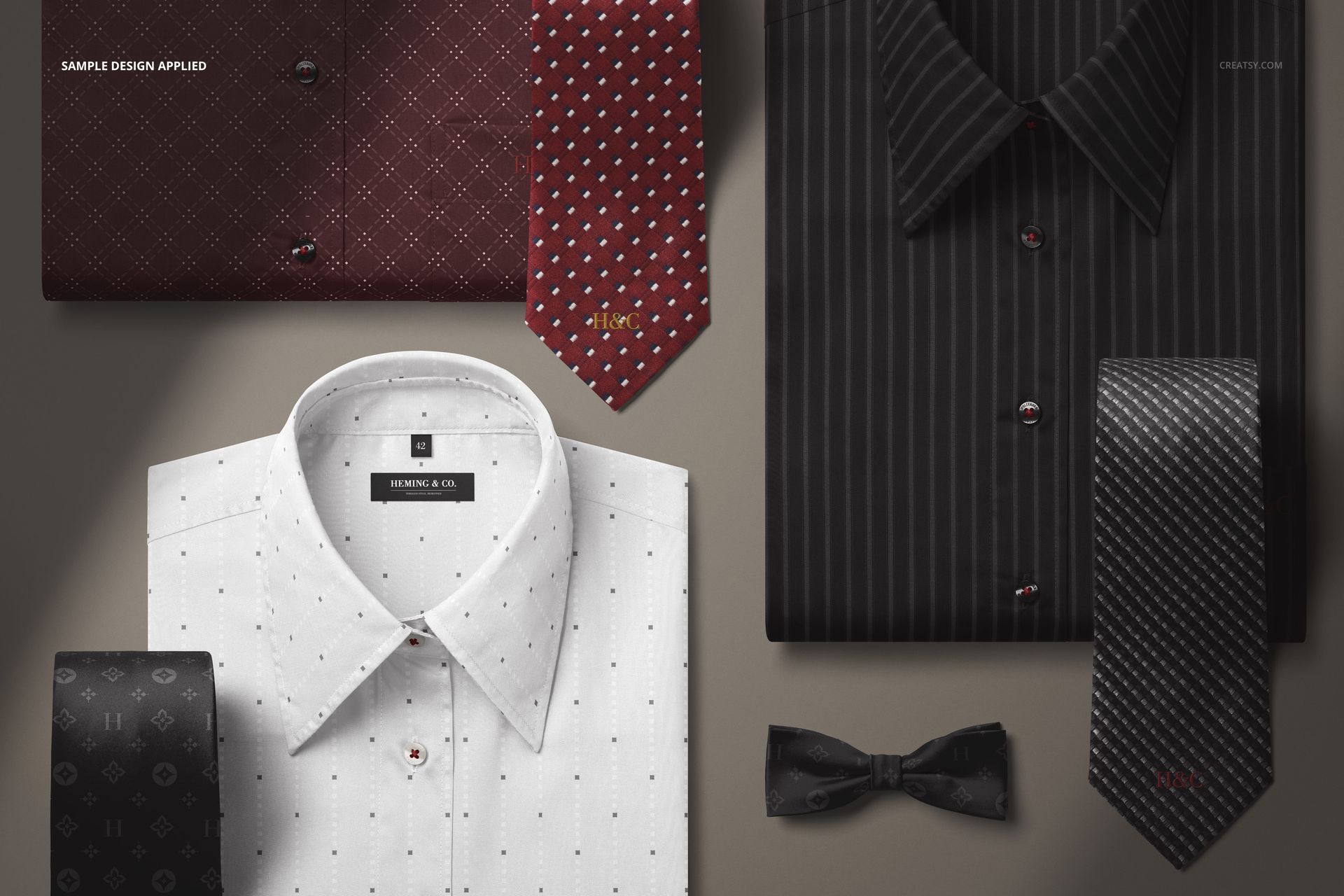 Men’s dress shirt mockup featuring folded shirts in white and burgundy, paired with patterned ties and a black bow tie.