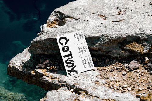 Rectangular business card mockup resting on a rugged sea cliff, surrounded by textured stone and blue water.