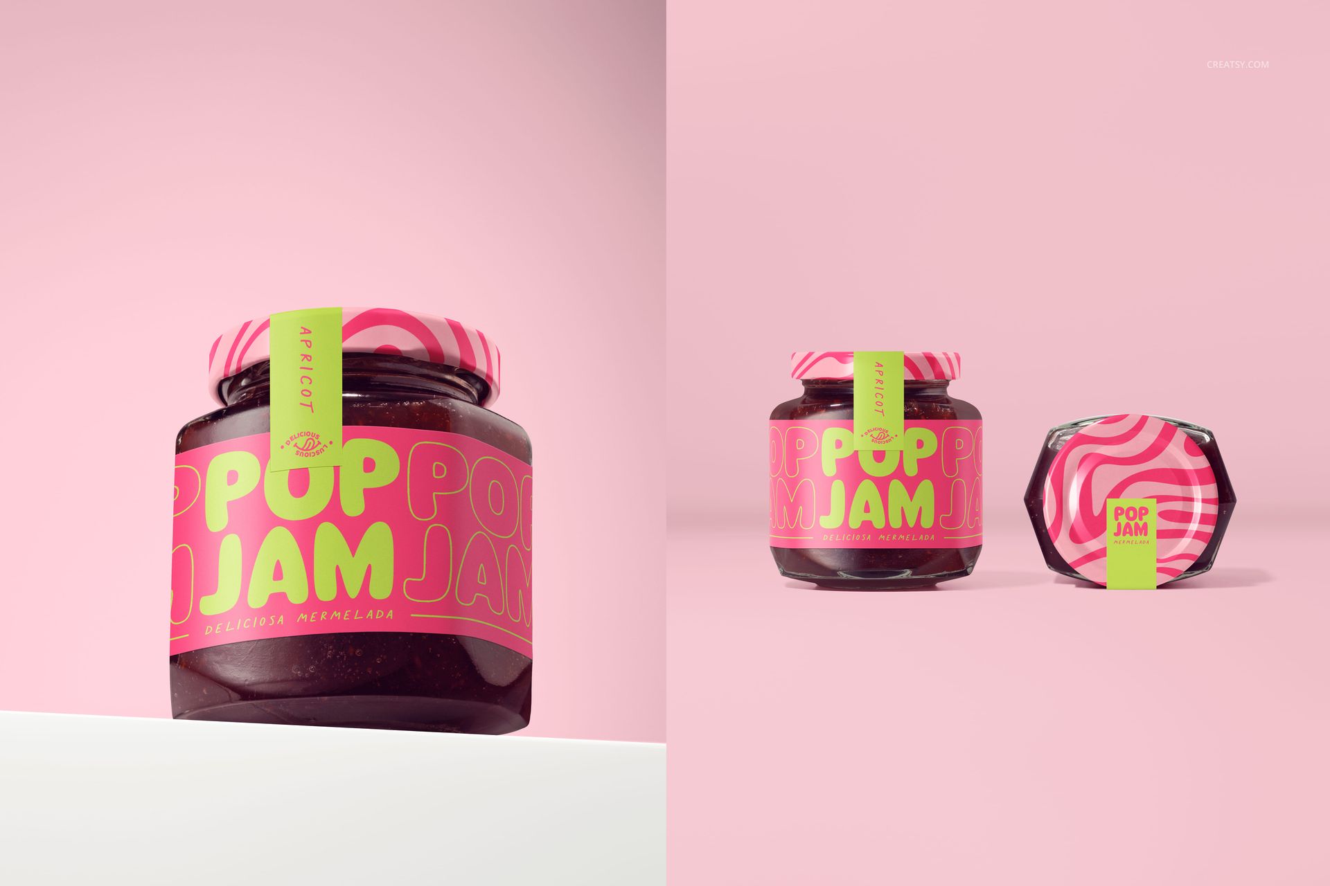 Top and front perspectives of a mockup jam jar with bold pink graphics and yellow text, set against a soft pink backdrop.