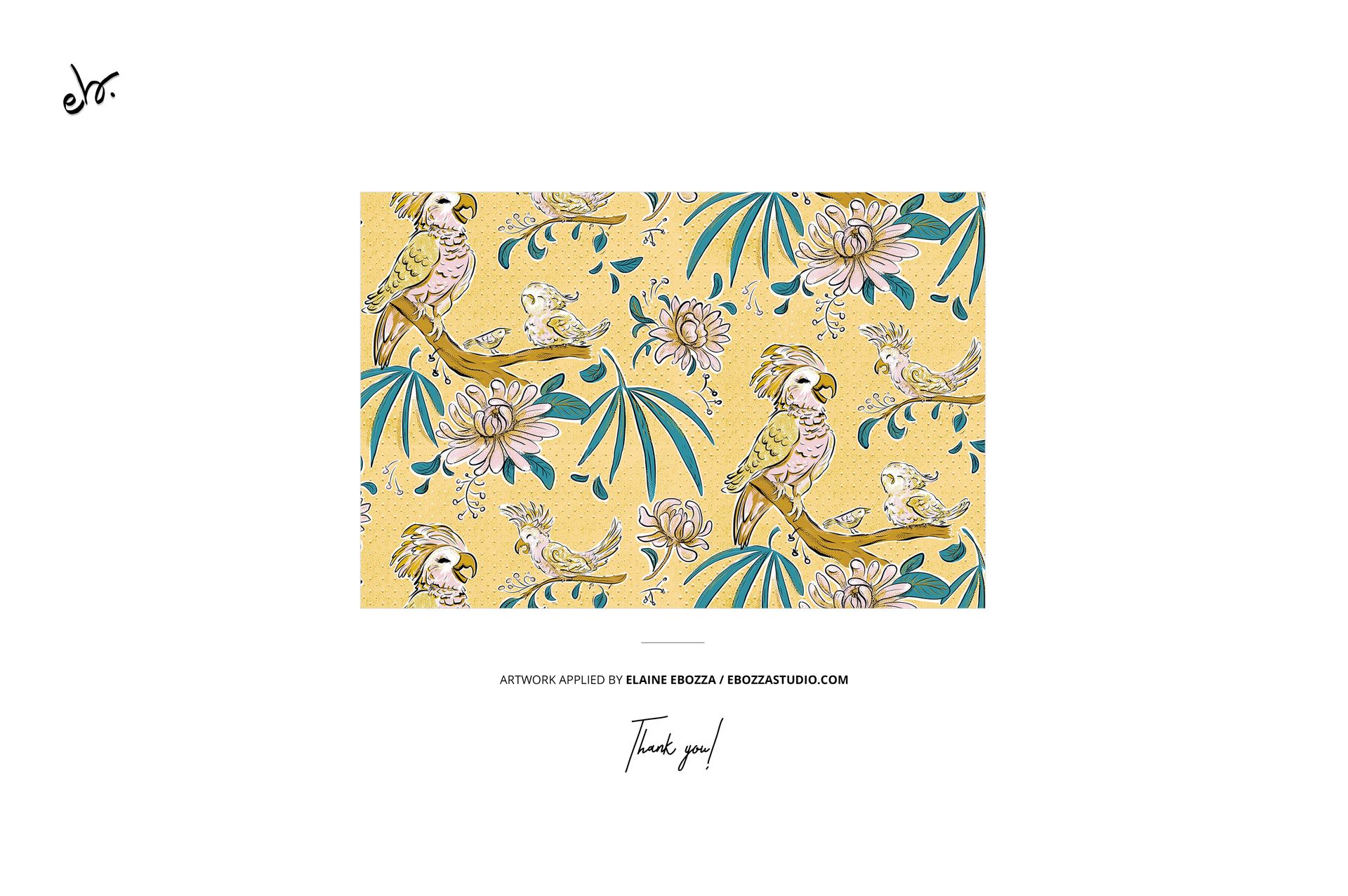 Yellow textile mockup featuring illustrated parrots and flowers, displayed in a centered flat layout with white space.