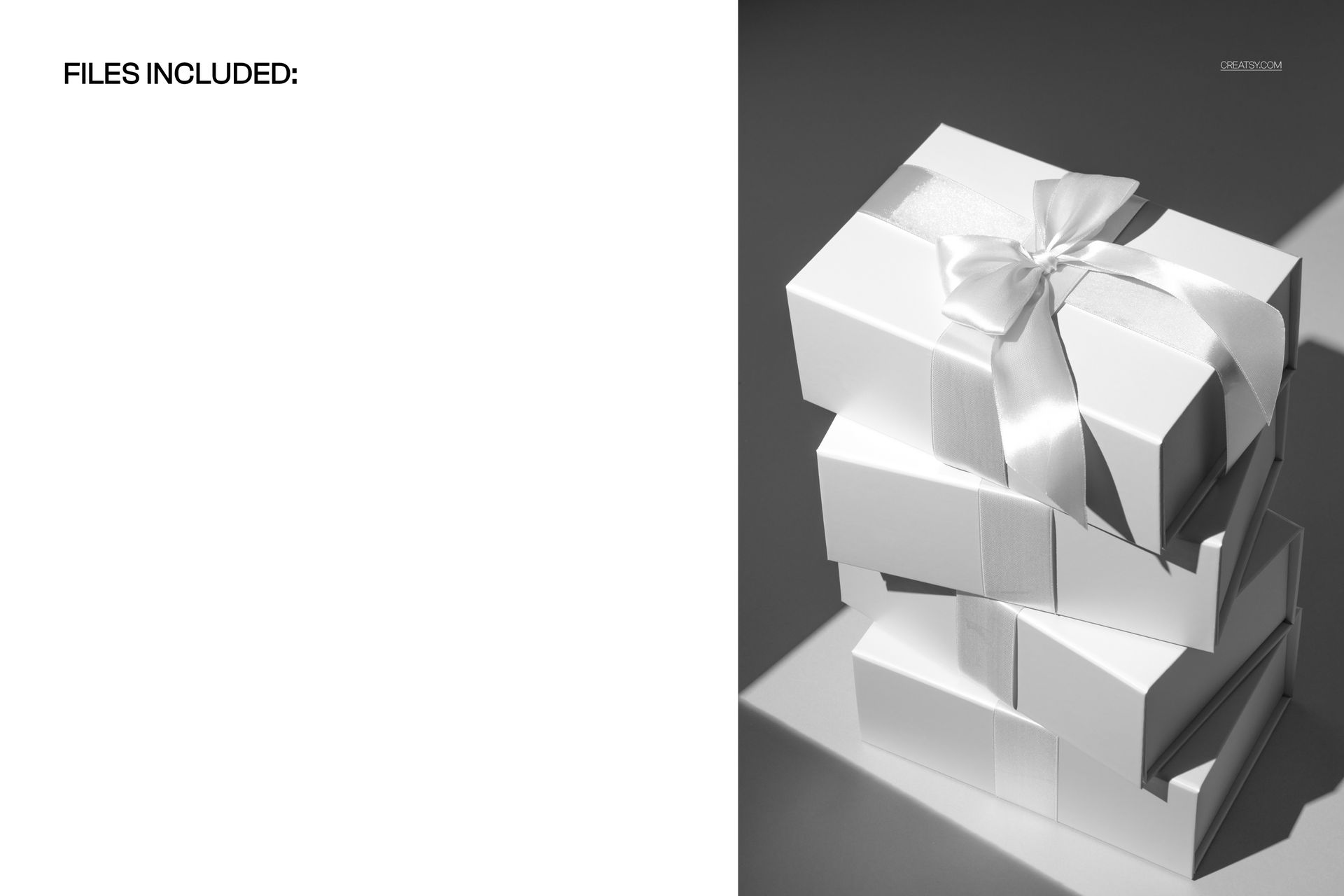 PSD mockup of stacked white magnetic packaging boxes tied with satin ribbon, displayed on a gray background.