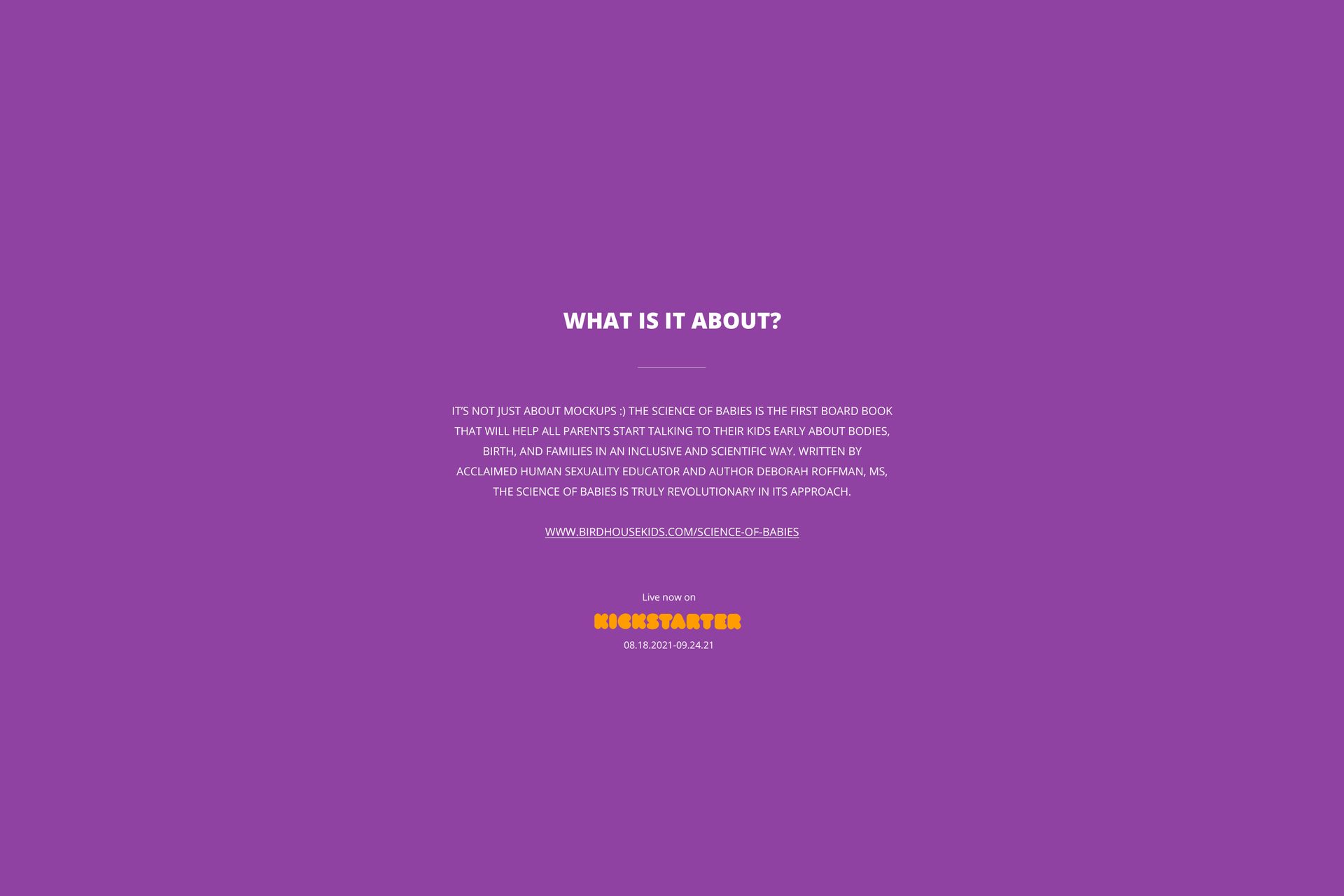 Mockup image with white text and a yellow logo on a plain purple backdrop, displaying board book details.