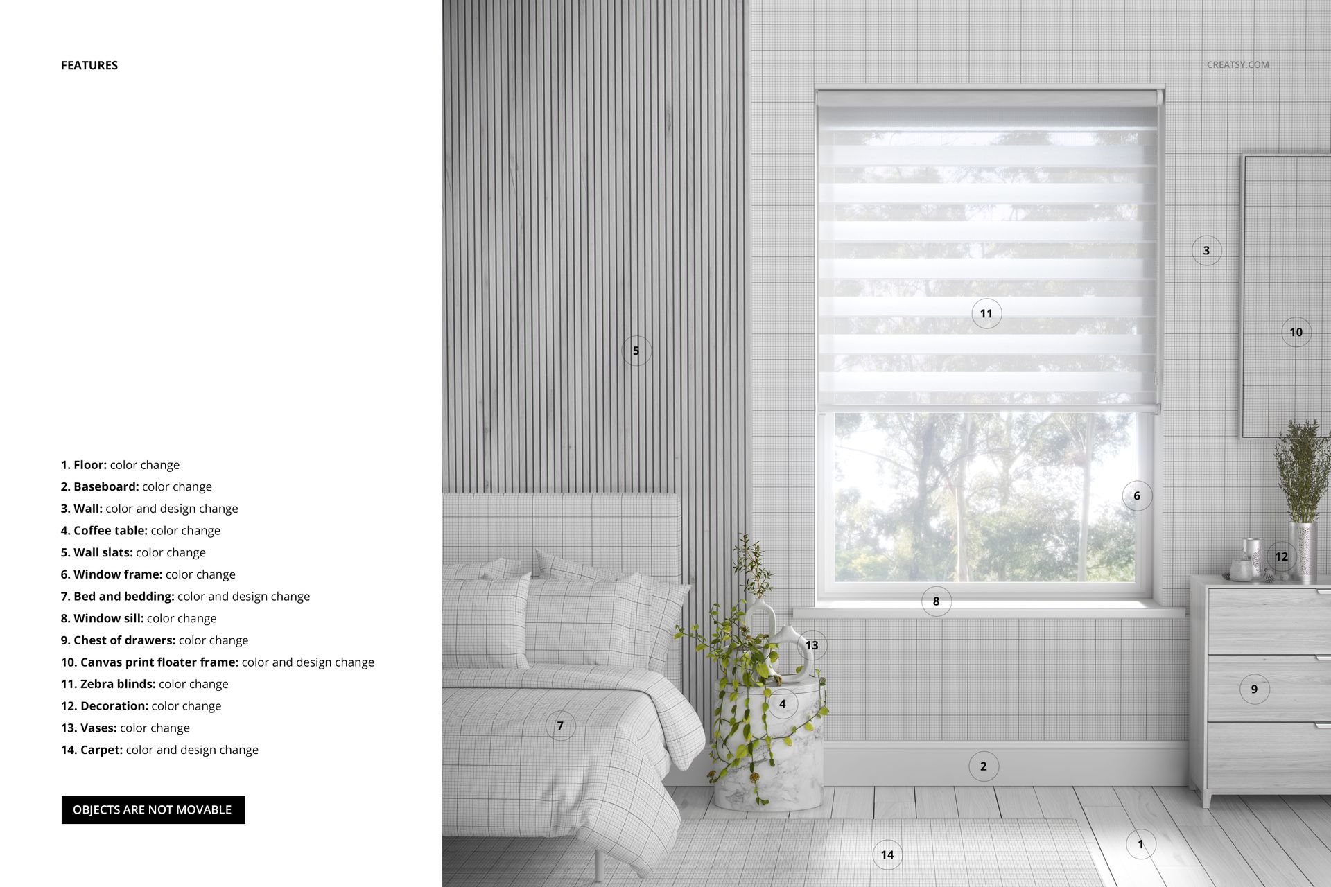 Contemporary bedroom mockup featuring zebra blinds, soft pillows, minimalist decor, and natural light from a window.