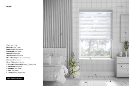 Contemporary bedroom mockup featuring zebra blinds, soft pillows, minimalist decor, and natural light from a window.