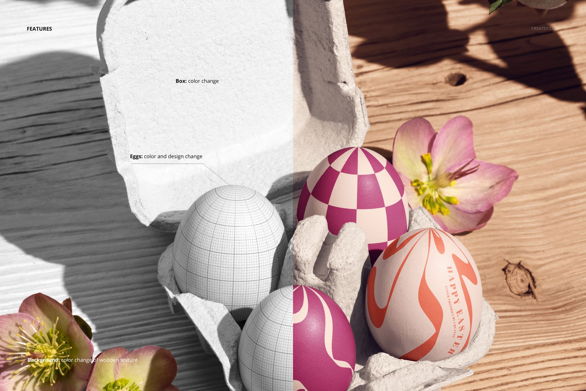 PSD mockup showing four patterned eggs in a carton, with hellebore flowers placed on a sunlit wooden table.