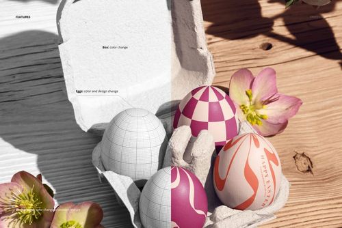 PSD mockup showing four patterned eggs in a carton, with hellebore flowers placed on a sunlit wooden table.