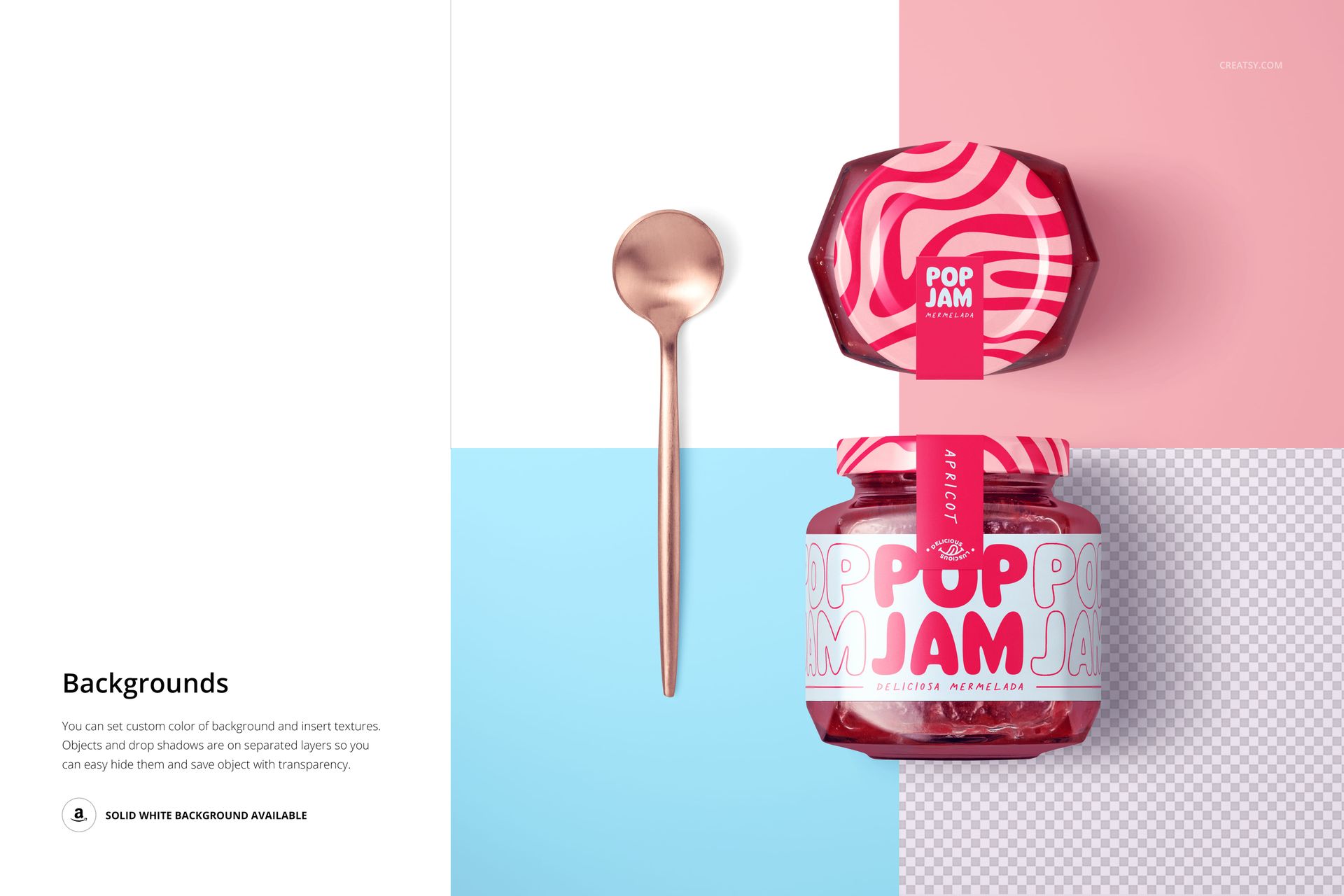 PSD mockup featuring a raspberry jam jar with a bold pink label and abstract lid design, shown with a spoon.