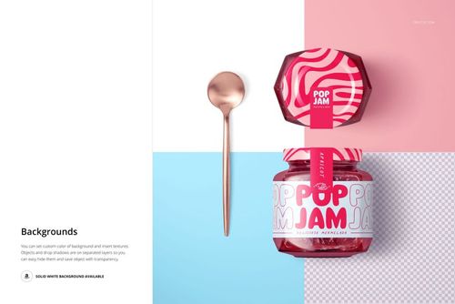 PSD mockup featuring a raspberry jam jar with a bold pink label and abstract lid design, shown with a spoon.