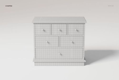 Front view of a decorative chest of drawers 3D model with visible grid pattern, rendered on a plain background.