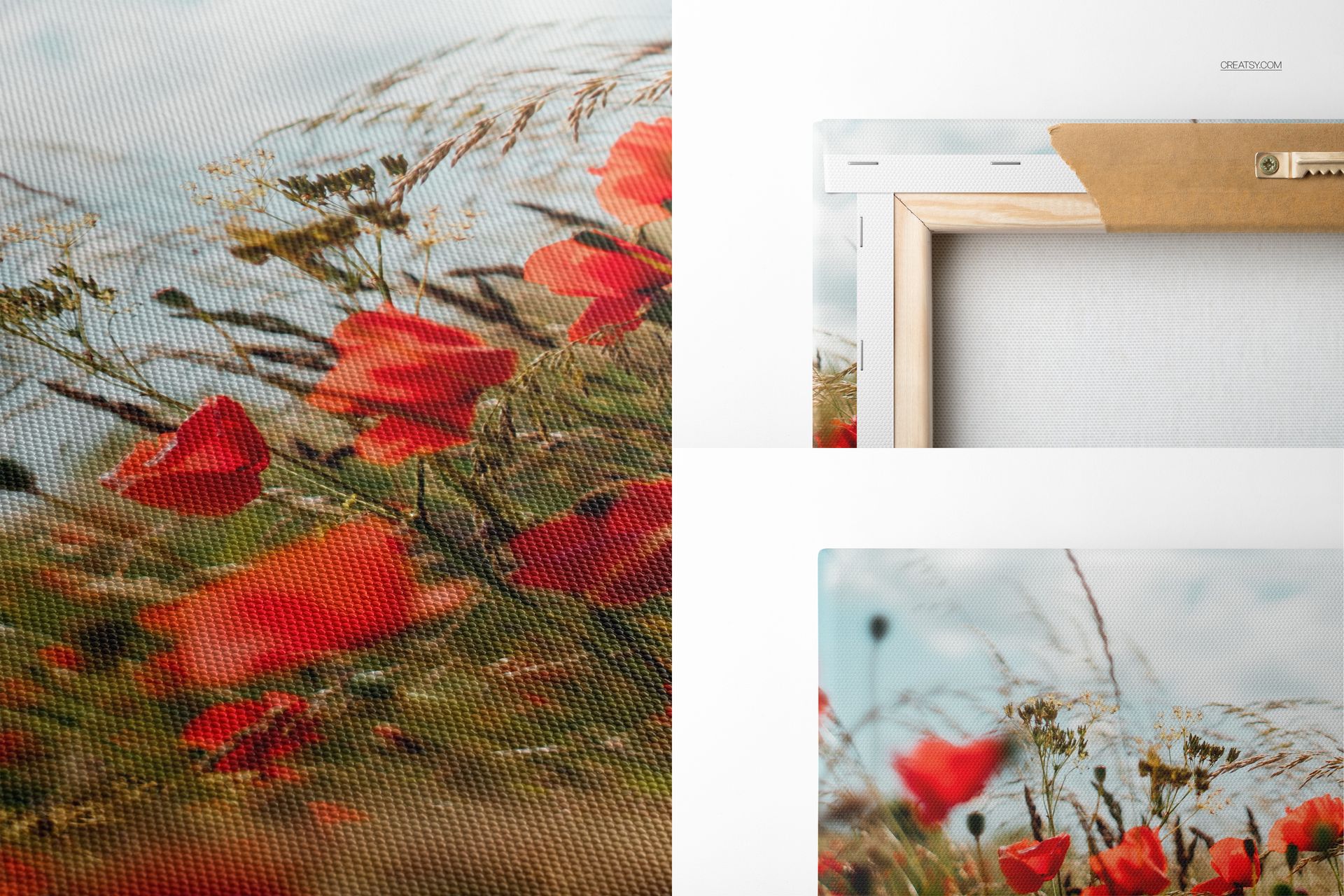 Canvas print mockup showing a textured surface with vibrant red poppies and a partial view of the wooden frame back.