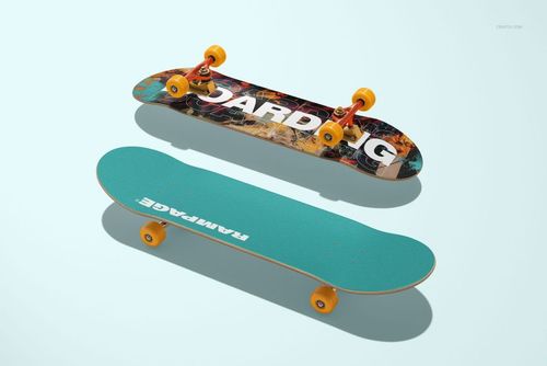 Skateboard deck mockup set featuring vibrant artwork on one side and solid teal grip tape on the other, with yellow wheels.