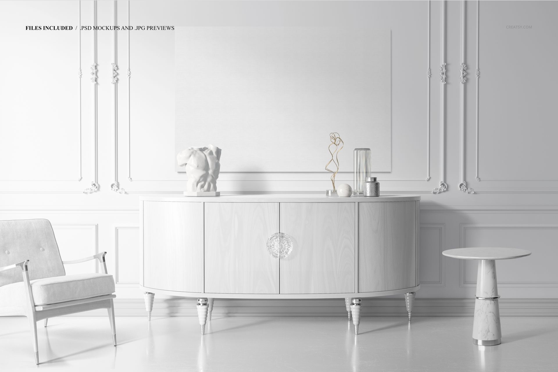 Front view of a canvas print mockup in an antique-style interior with white walls, armchair, and sideboard.