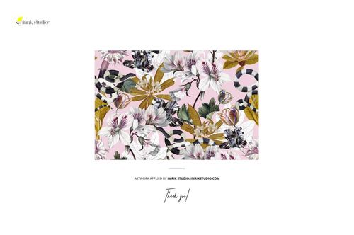 Jersey fabric mockup displaying a botanical and snake print design with pastel pink background, viewed from the front.