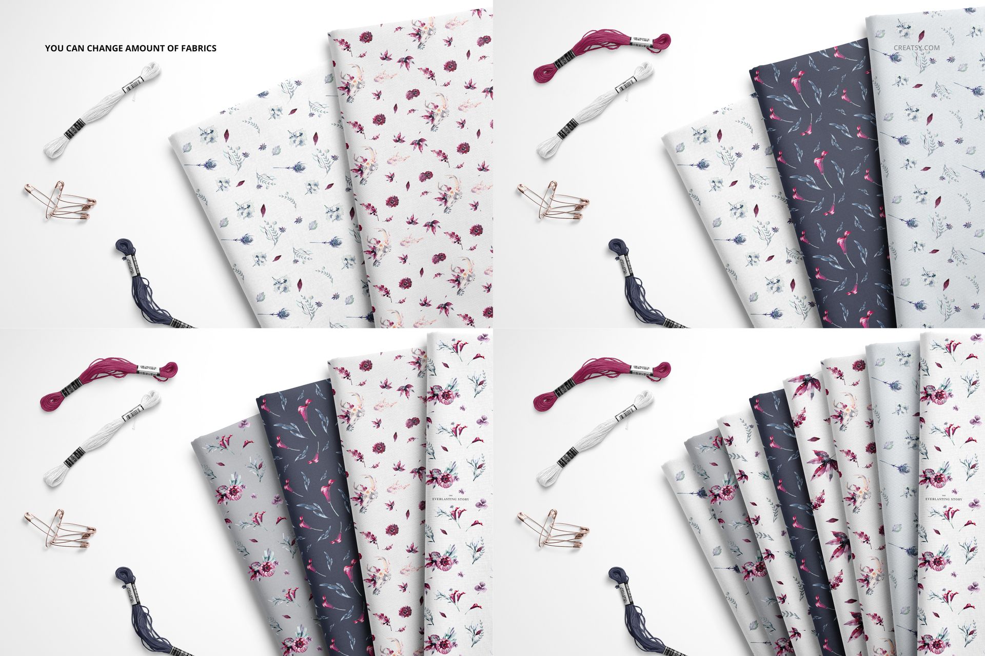 Folded fabrics in various floral and botanical patterns, shown from a top view with embroidery floss and safety pins nearby.