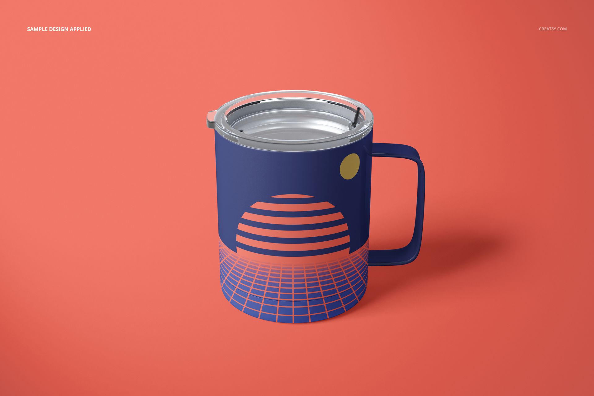 10oz stainless steel coffee cup with a blue and orange geometric design, front view on a solid coral background.