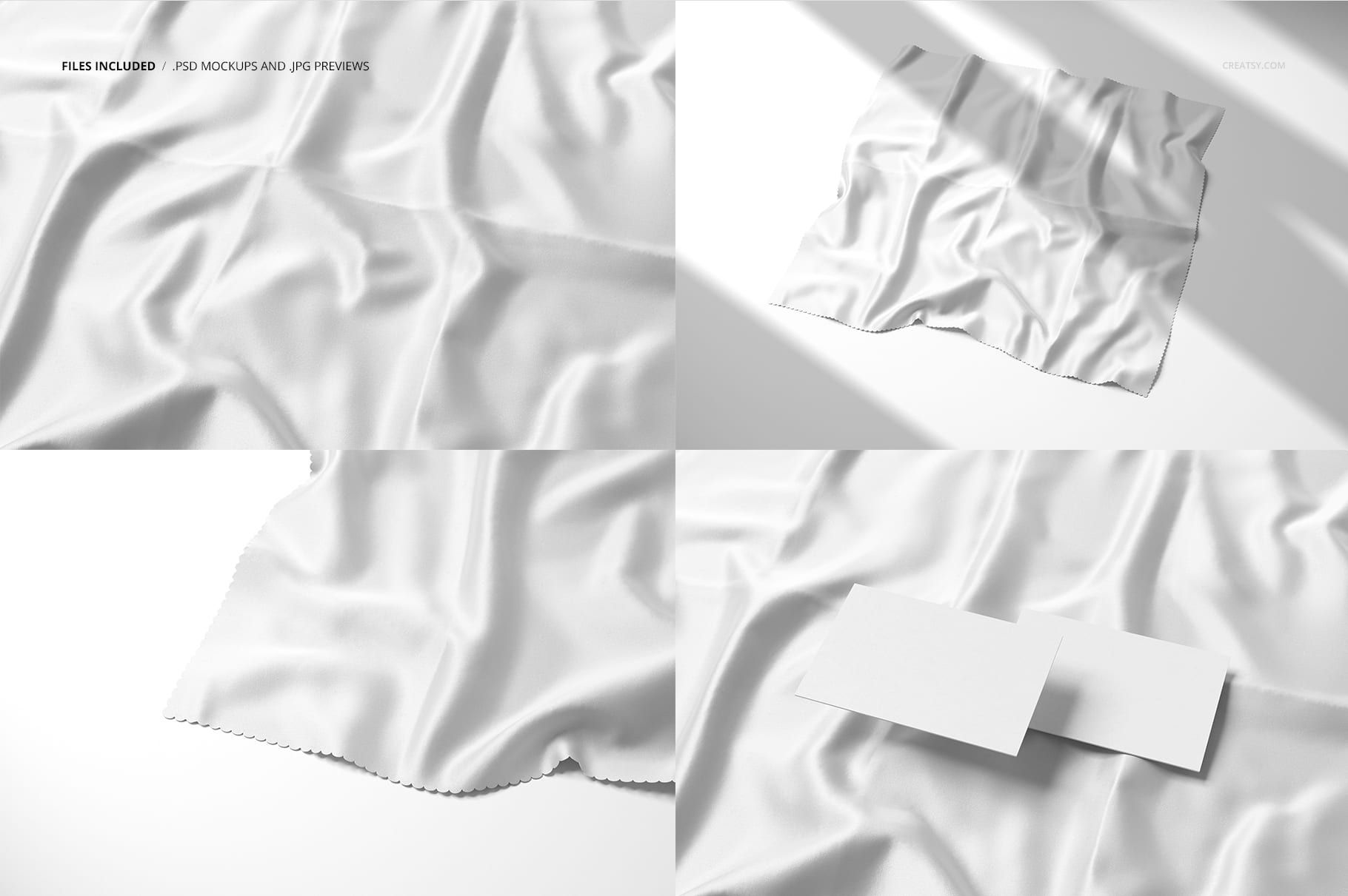 Silk fabric mockup with laser cut finish, shown in four views with soft shadows and realistic texture folds.