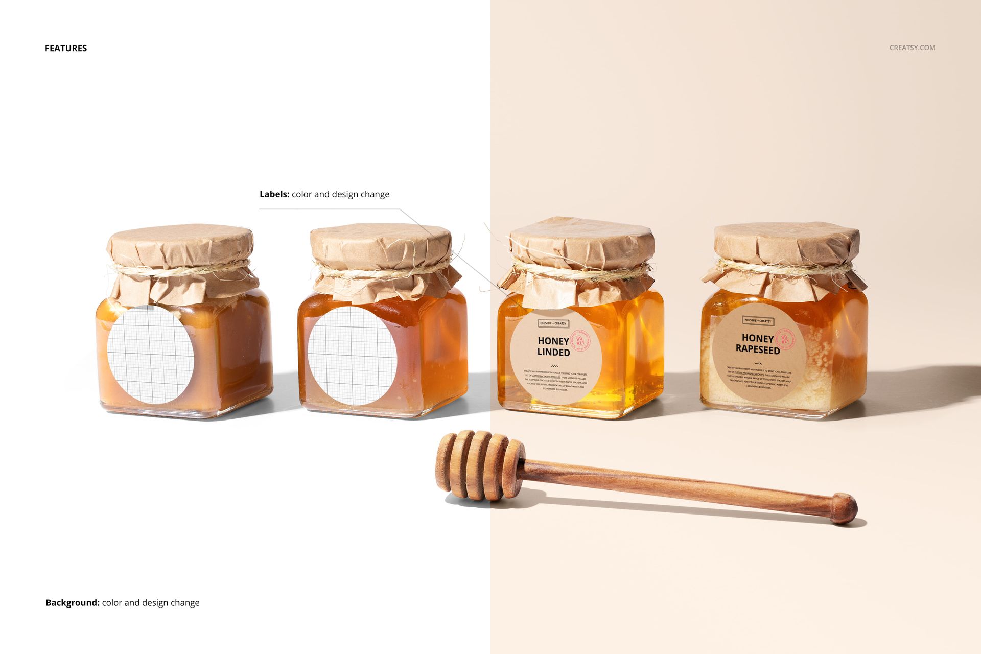 Three honey jars with brown paper covers and editable labels, shown in a PSD mockup with a honey dipper in front.