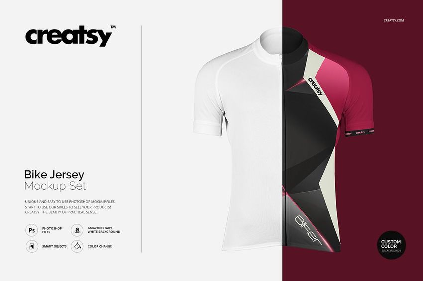 Front view of a short-sleeve bike jersey mockup, split between plain white and geometric black, pink, and gray design.