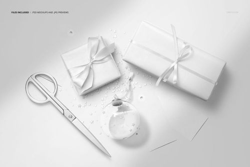Christmas wrapped gifts mockup featuring two white presents, three paper labels, scissors, and a glass bauble on a table.