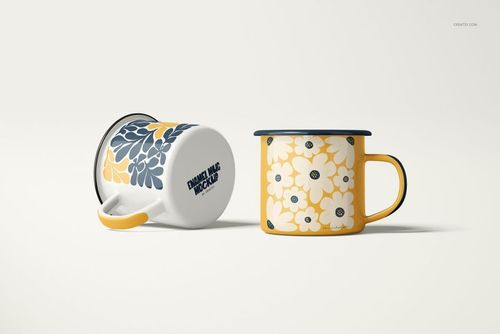 Enamel mug mockup set featuring two mugs, one standing and one lying down, with bold flower designs in yellow and blue.