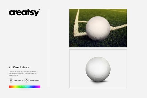 Soccer ball mockup shown in two views, one on a green grass field near a white line and one on a plain white background.