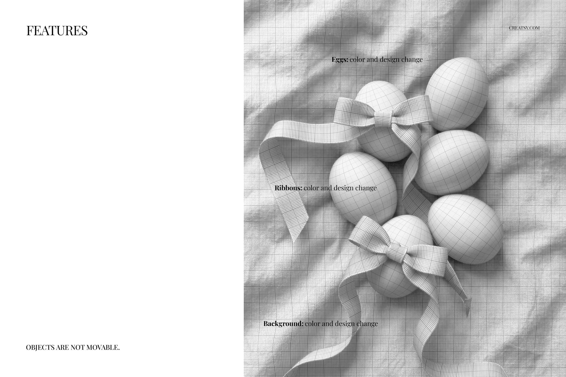 Top view of Easter eggs with bows arranged on crumpled fabric, shown in a PSD mockup with editable layers.