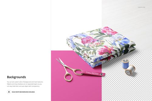 Mockup of folded fabric featuring a vibrant floral design, shown with sewing tools and thread on a white and pink background.