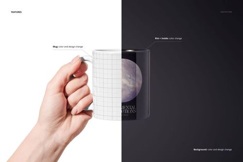 PSD mockup of a handheld mug, featuring half in plain white grid and half in black with a decorative circular graphic, on a divided background.