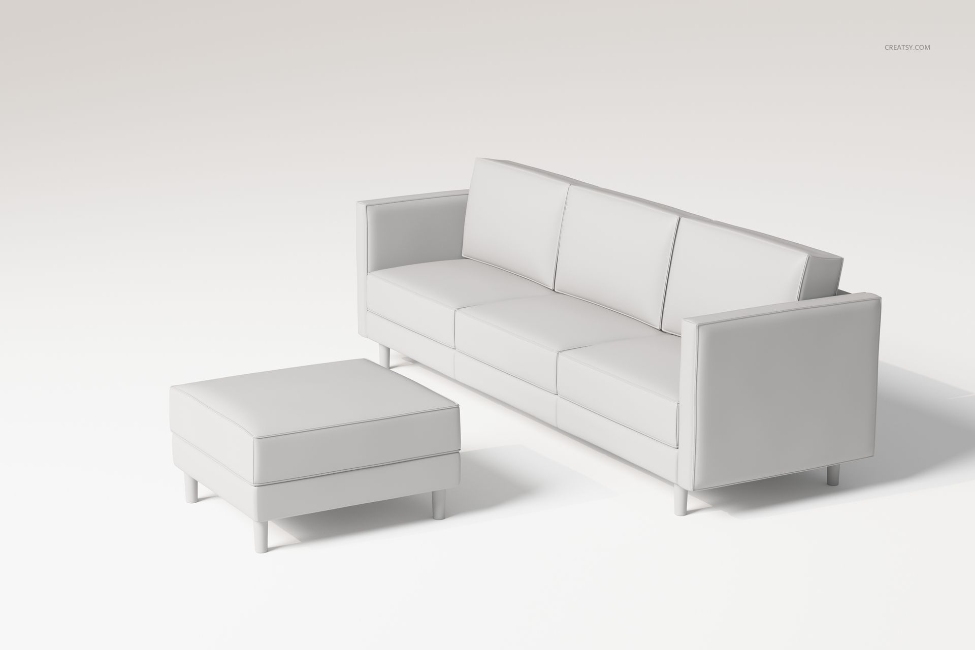 Three-seater sofa and matching ottoman in plain white, shown from a front angle on a light background.