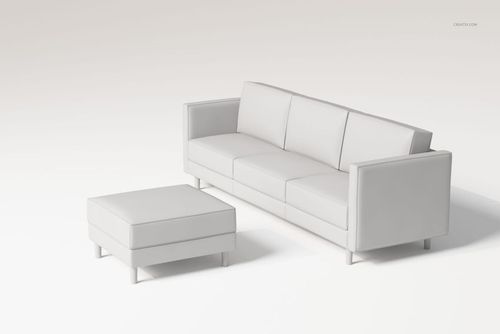 Three-seater sofa and matching ottoman in plain white, shown from a front angle on a light background.