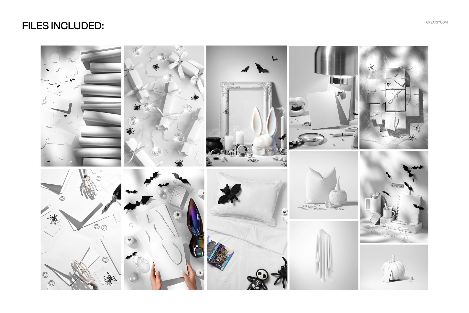 Modern Halloween mockup set featuring various objects like pumpkins, bats, and candles on white backgrounds in different scenes.