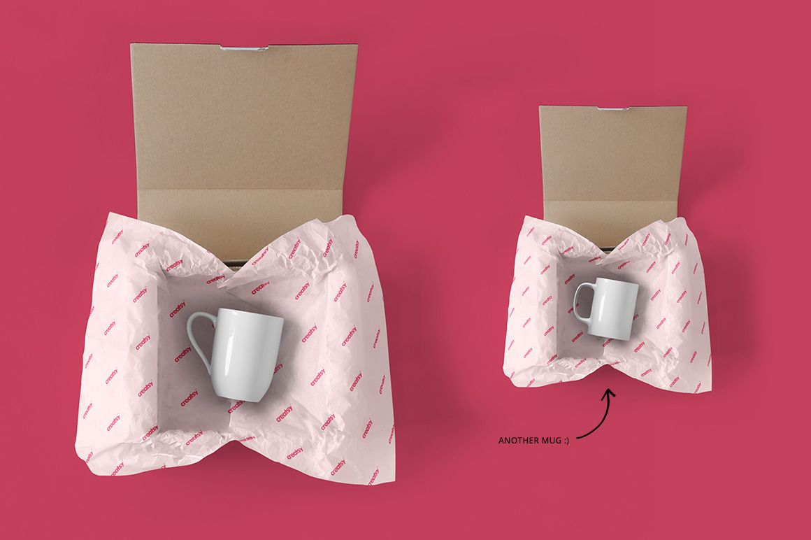 Mailing box PSD mockup set featuring open boxes with mugs wrapped in white paper, displayed on a pink surface.