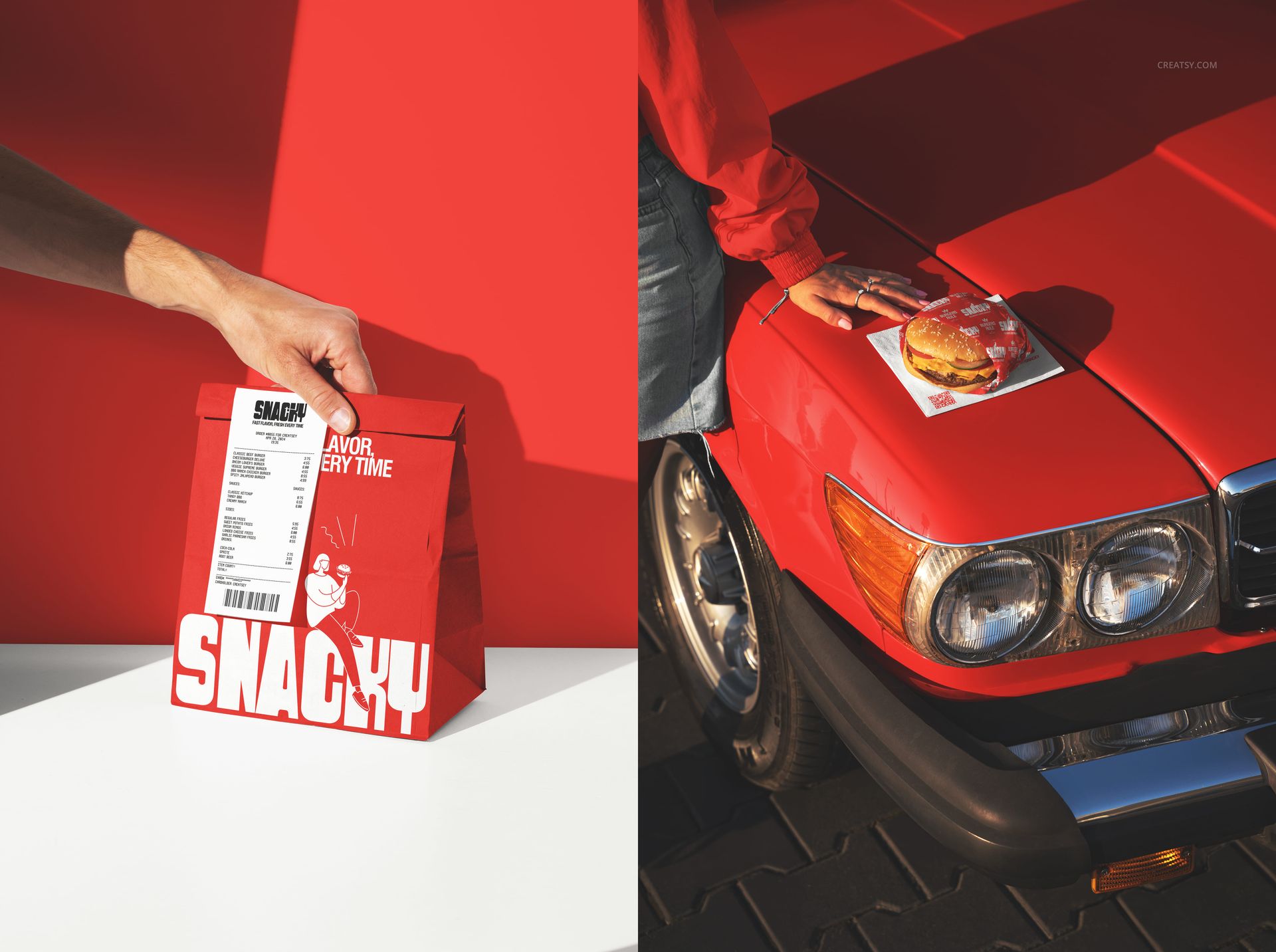 Fast food restaurant branding mockup showing a red paper takeout bag and a burger box on a red car hood.