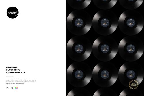 PSD mockup displaying a group of black vinyl records from above, highlighting circular shapes and shiny textures.