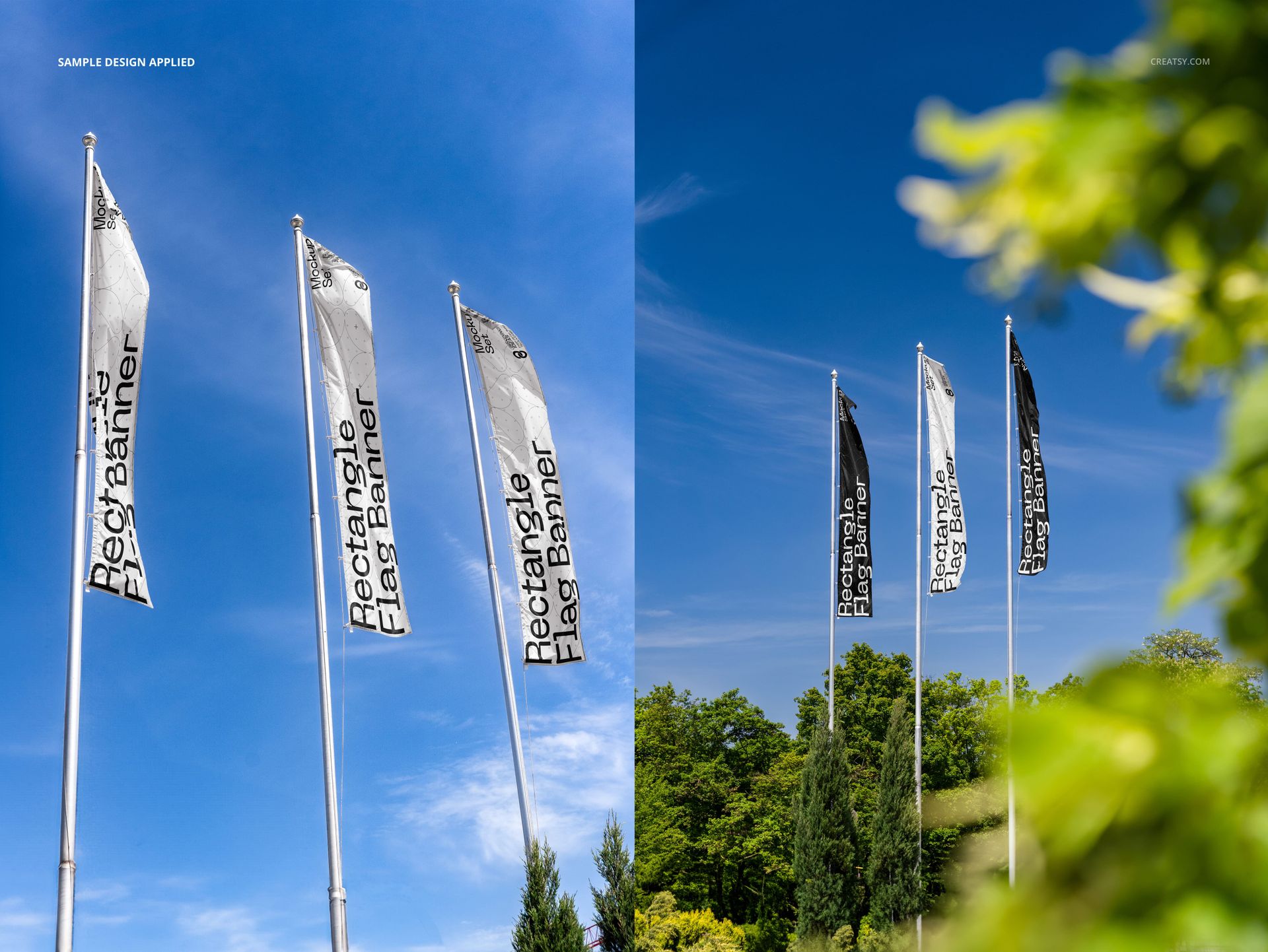 PSD mockup of vertical rectangle flag banners arranged in a row, set in a natural landscape with trees and sky.
