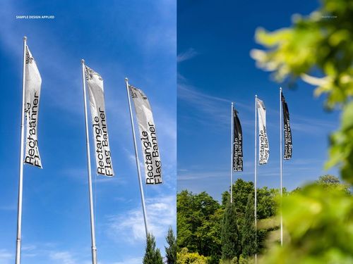 PSD mockup of vertical rectangle flag banners arranged in a row, set in a natural landscape with trees and sky.
