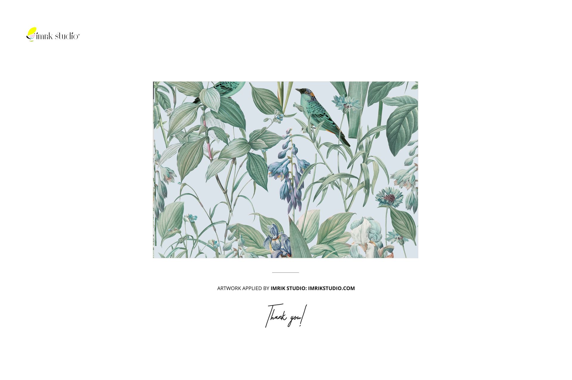 Front view of curtains upholstery fabric mockup featuring a botanical pattern with green leaves and birds on a light background.