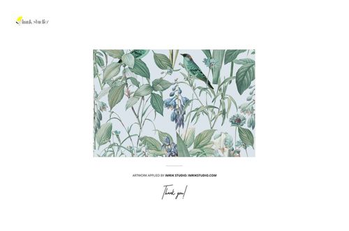 Front view of curtains upholstery fabric mockup featuring a botanical pattern with green leaves and birds on a light background.