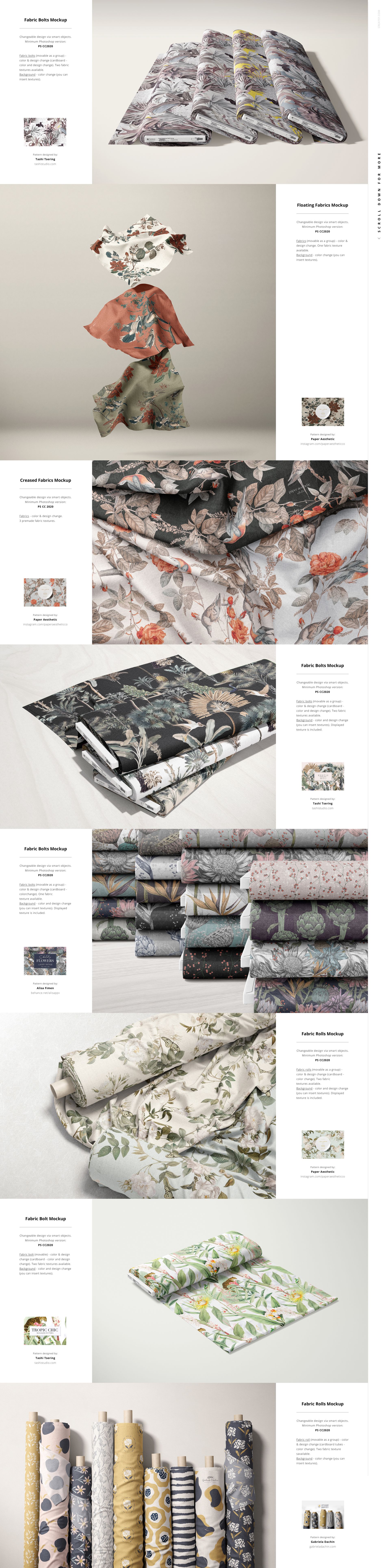 Fabric Factory v.6 PSD mockup bundle featuring fabrics in different shapes and textures, including swatches and bolts.