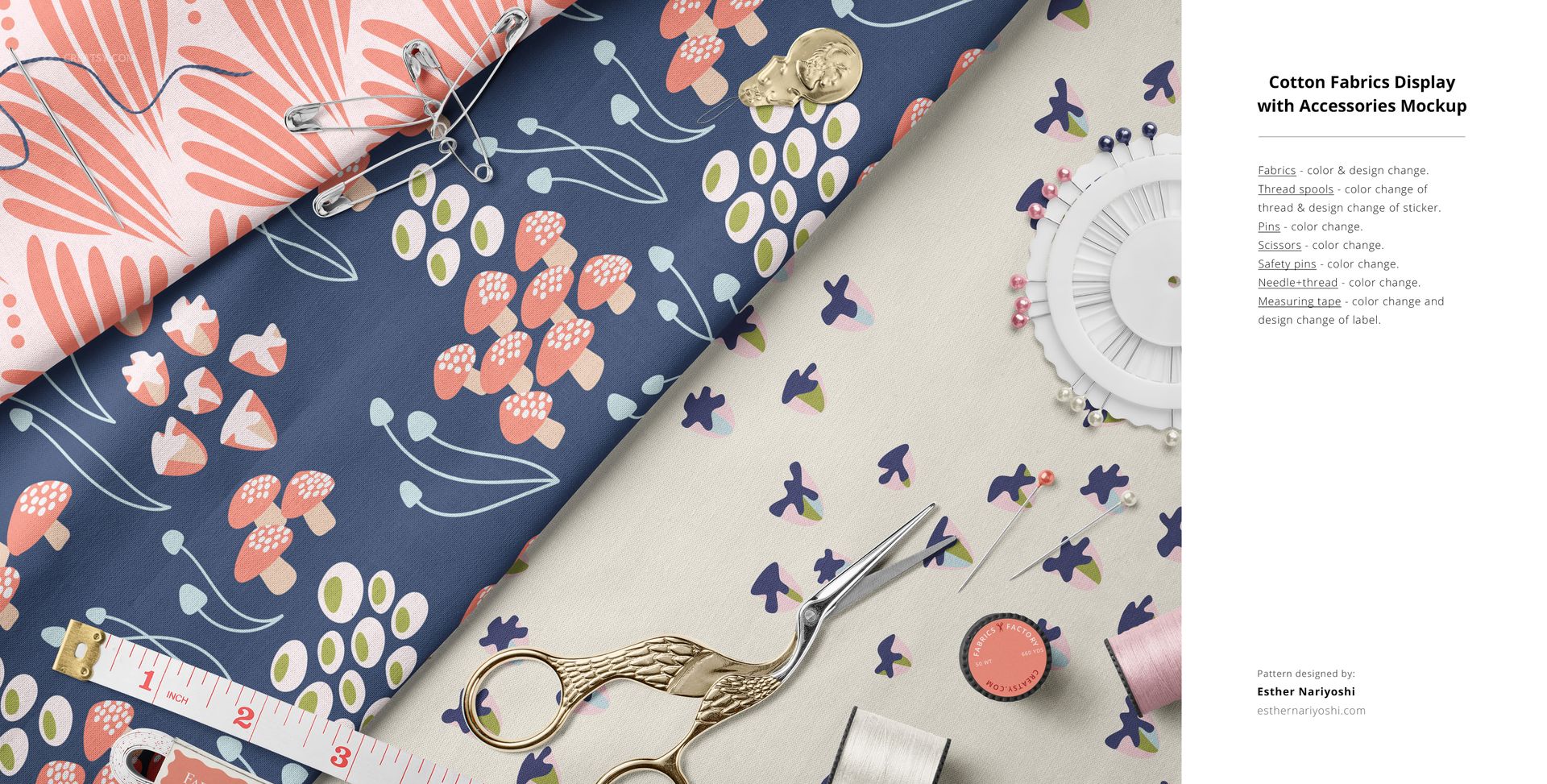 Cotton fabric mockup showing folded textiles in pink, navy, and cream floral designs, arranged with sewing tools and notions.