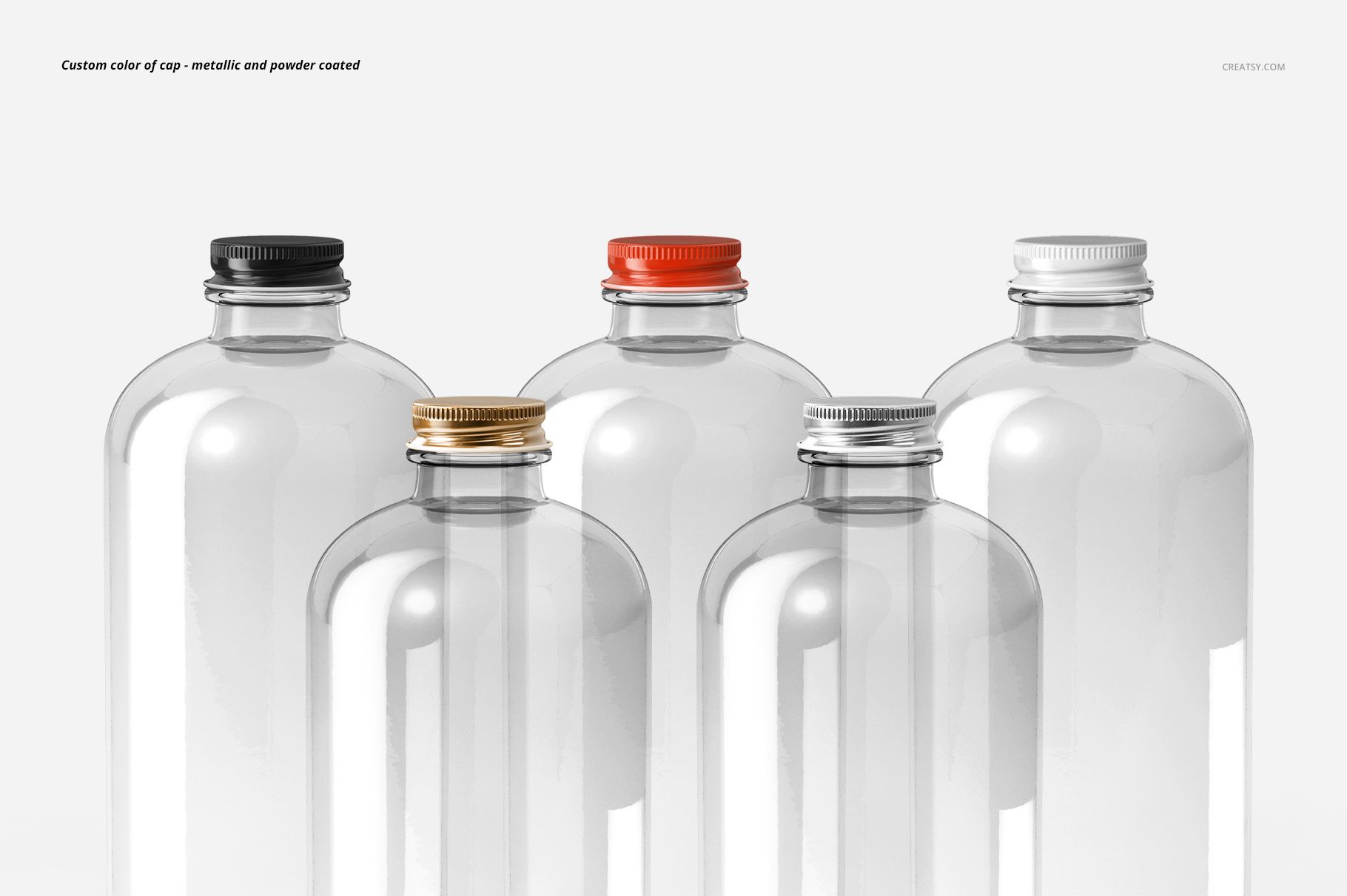 Group of transparent glass bottles with black, red, gold, silver, and white caps, shown in a PSD mockup scene.