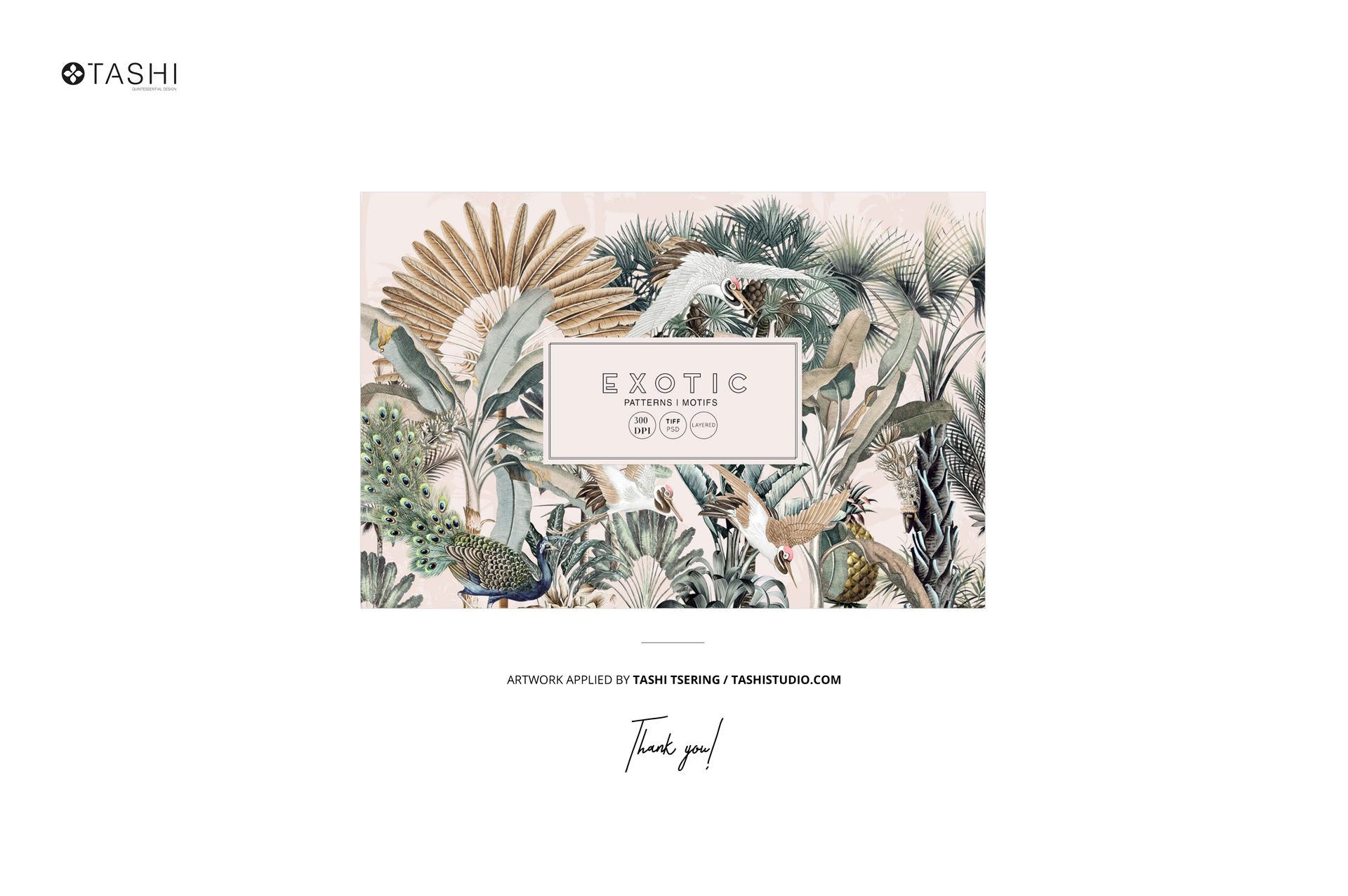 Front view of fabric bolts mockup featuring tropical and exotic bird patterns in muted green and beige tones.