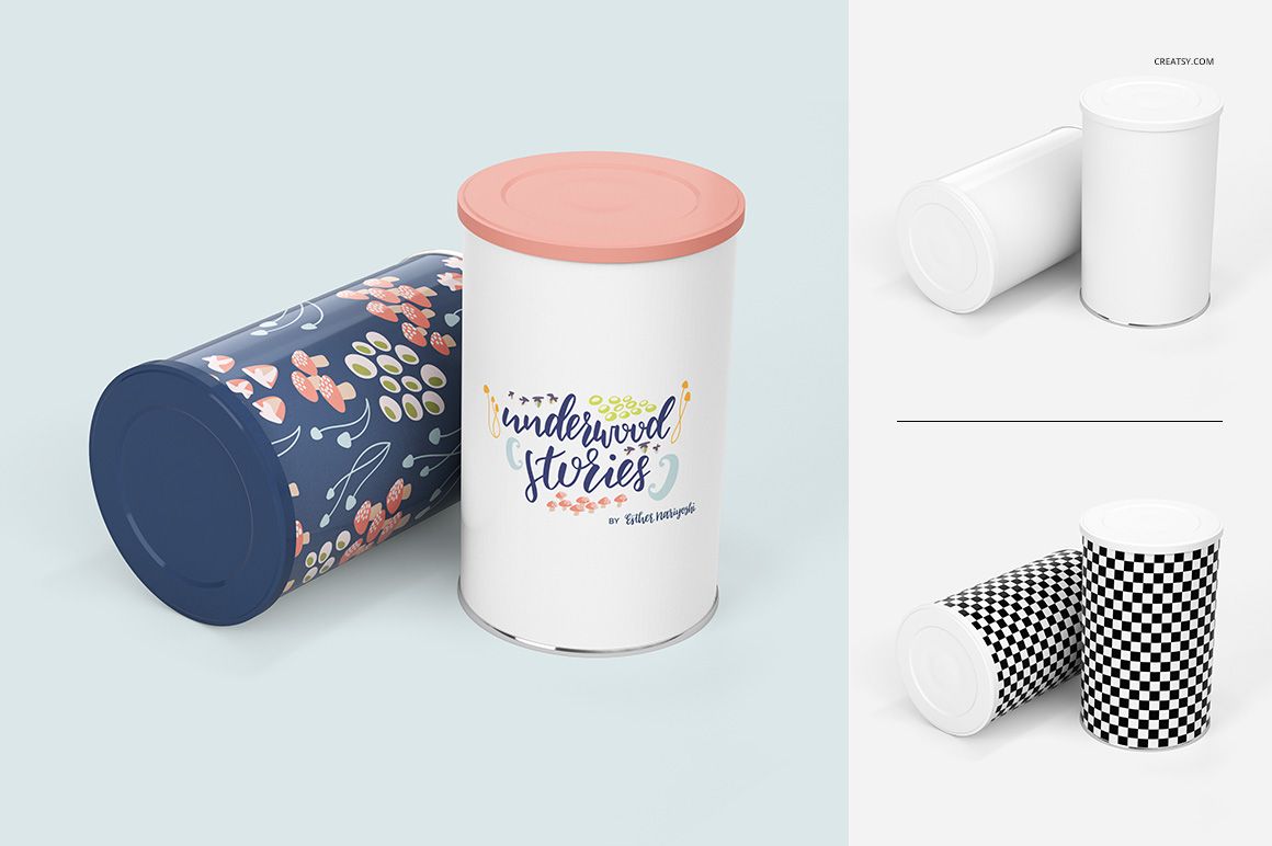 Tin canister PSD mockup set displaying four designs, including plain white, floral, and black-and-white checkered patterns.