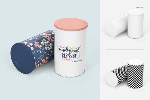 Tin canister PSD mockup set displaying four designs, including plain white, floral, and black-and-white checkered patterns.