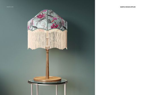 Tassel shade table lamp mockup showing a wooden base and a hexagonal shade with pink and gray floral design.