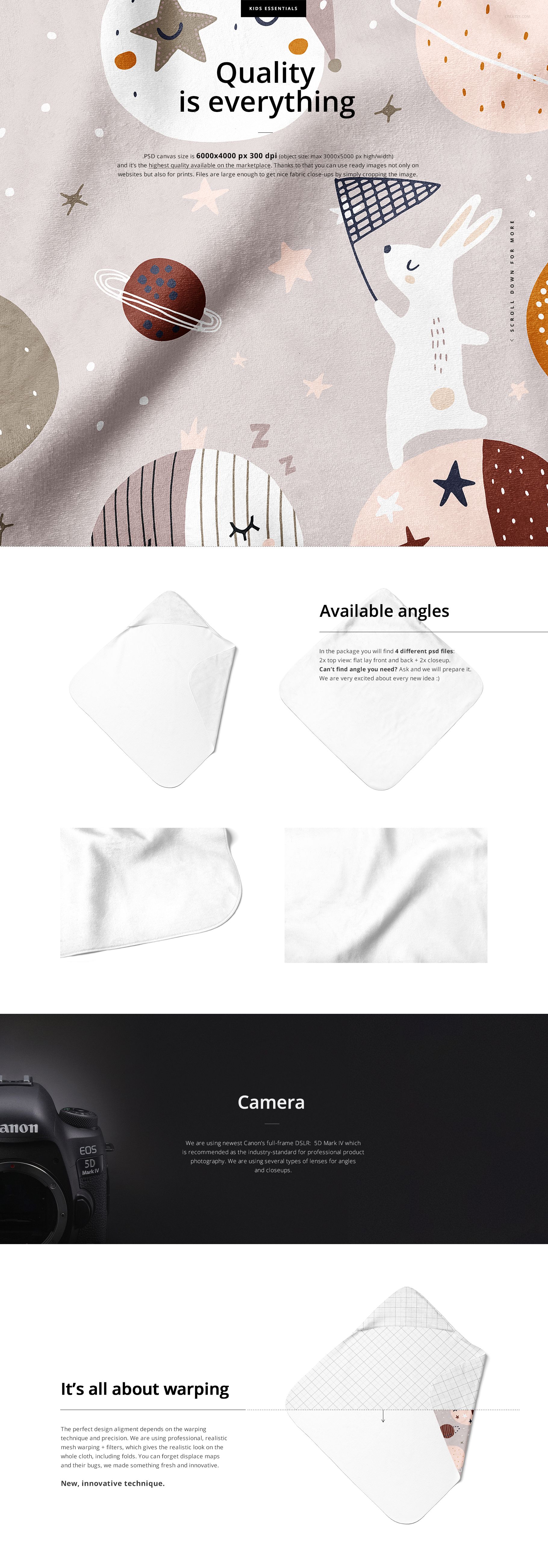 Hooded baby towel mockup with playful space-themed pattern, shown in multiple angles including flat and folded views.